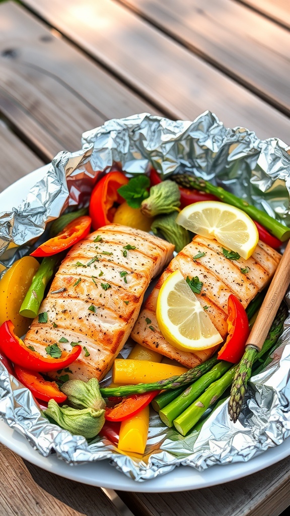 Garlic herb salmon foil packets with vegetables on a picnic table.